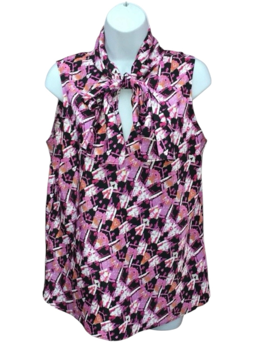 Black Label by Evan-Picone Abstract Sleeveless Neck Tie Top Blouse Womens Large